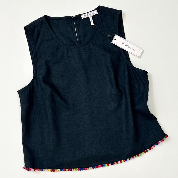 BCBGeneration Black Linen Blend Pompom Trim Sleeveless Top NWT - Picture 5 of 10